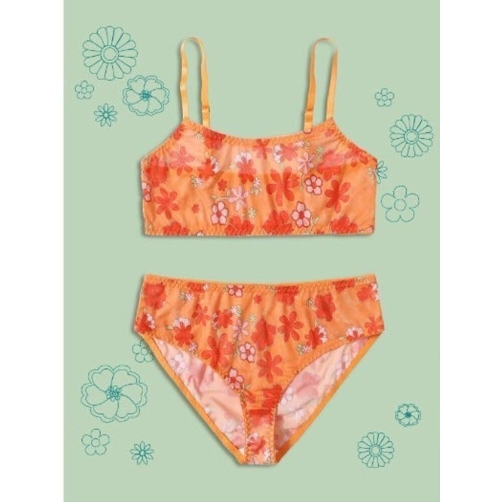 Size 8 (Medium) Sweetness Orange Floral Print Mesh Lingerie Set